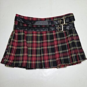 Katie J NYC  Mini Skirt Skort Junior XL Red Plaid Pleated Buckle Punk Grunge